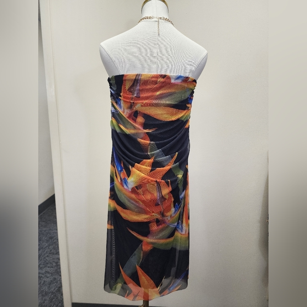 Zara Strapless Mesh Midi Dress Ruched Side Slit Multicolor Size Medium - Picture 4 of 10